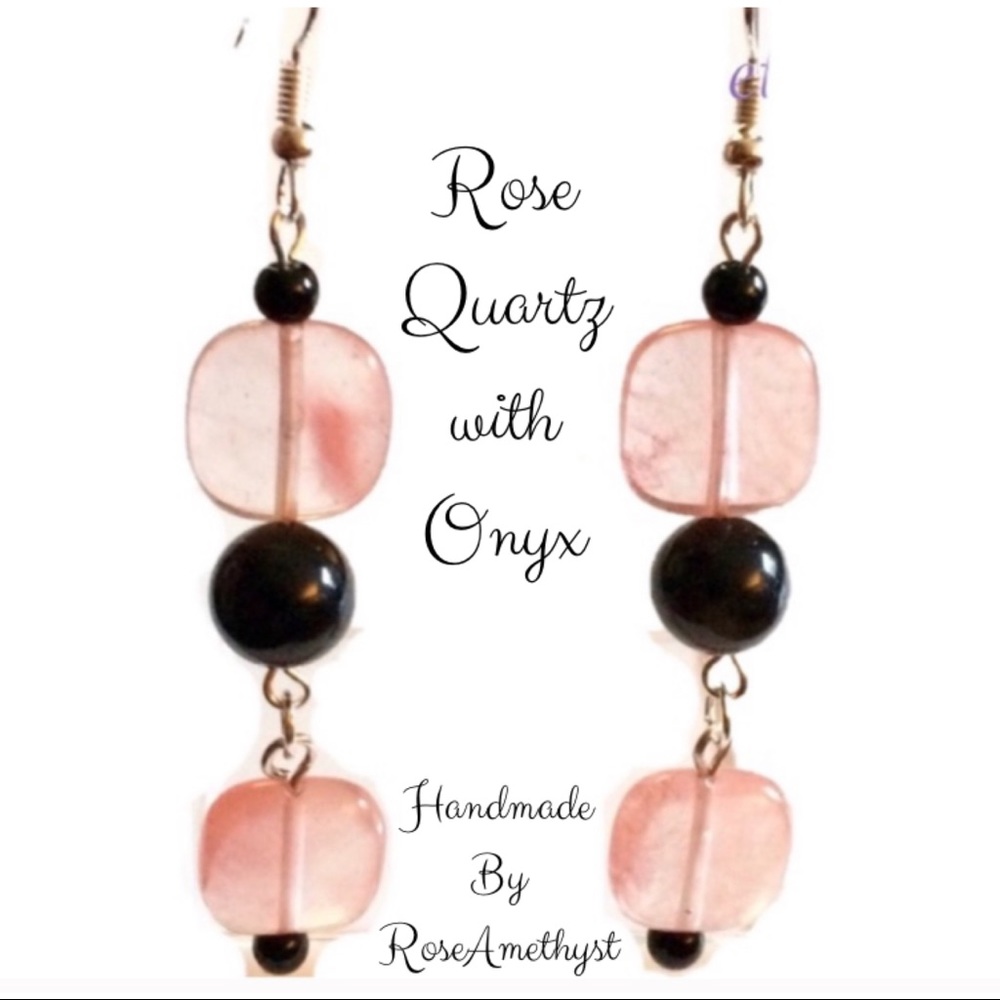 Black Pink Earrings • Rose Quartz and Onyx